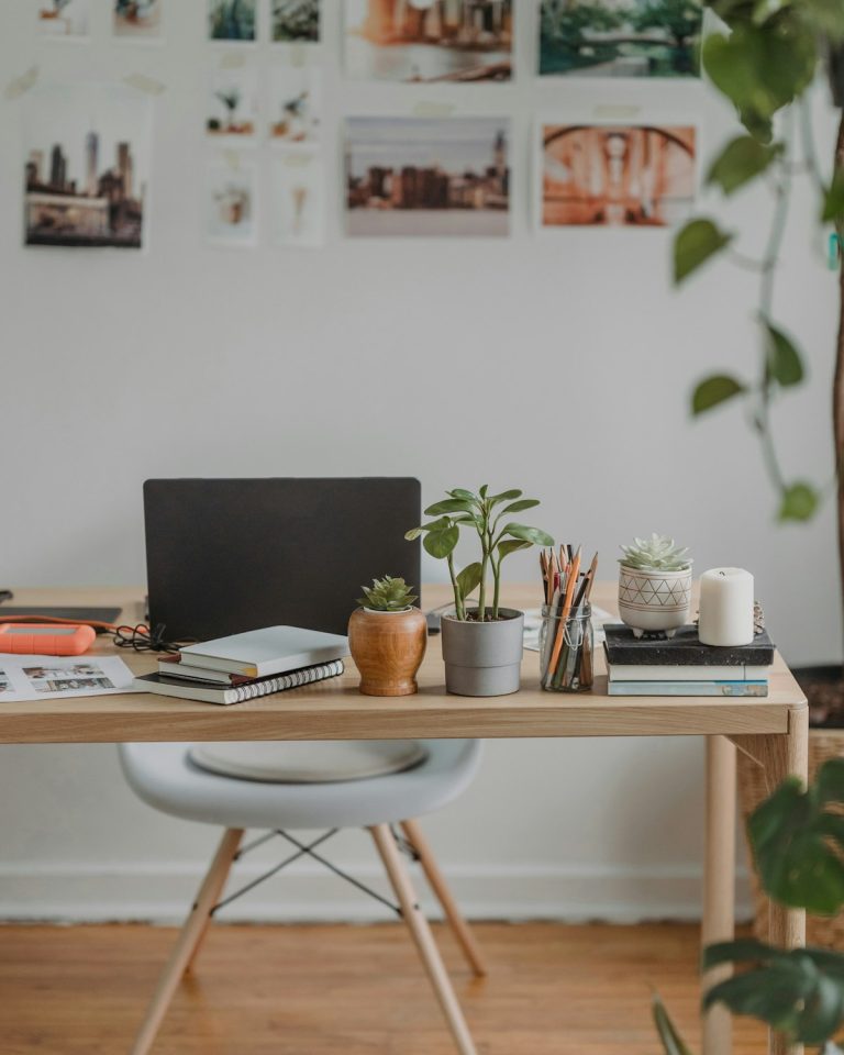 Founder photo at desk with plants and laptop